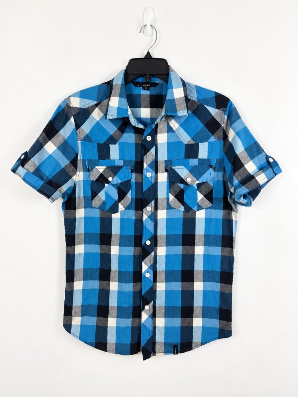 Mens Western Plaid Button Up Shirt M Blue Snap Pockets Straight Faded